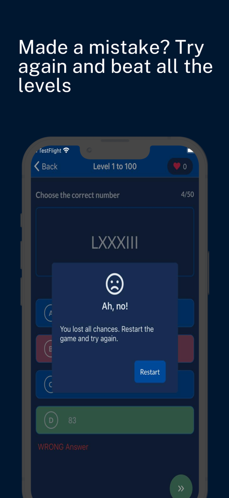 Roman Numerals Quiz: 1 to 1000 - Pantalla de fin de juego en la aplicación Cuestionario de Números Romanos que muestra un botón de reinicio después de perder todas las oportunidades.