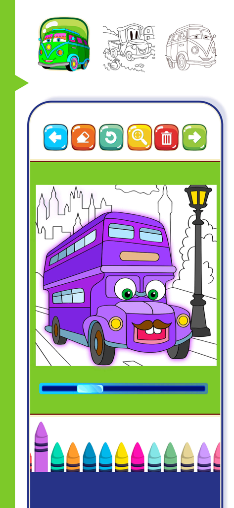 A cartoon double decker bus being colored in a digital coloring book app with crayons
