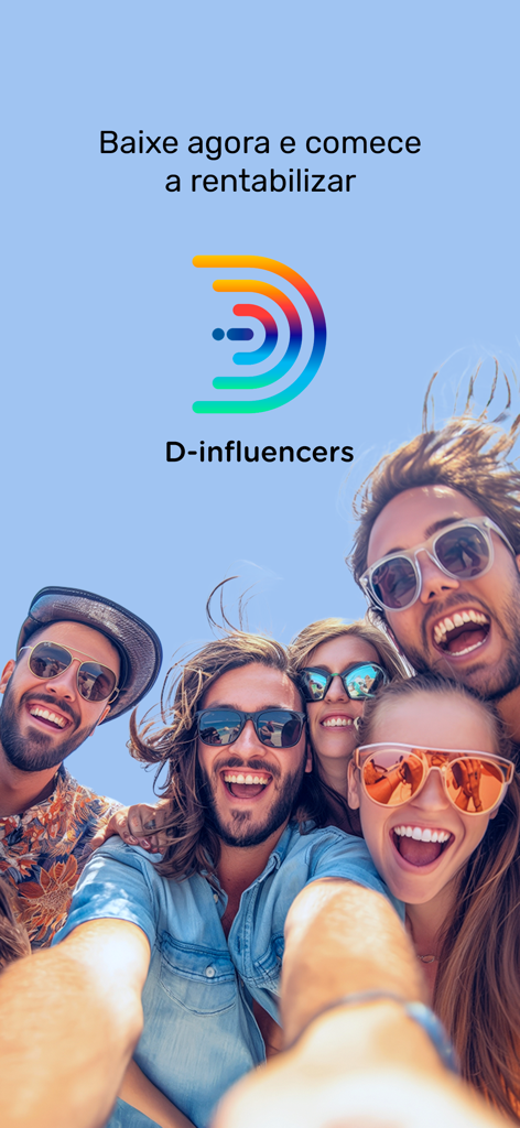 D-Influencers - A group of diverse young influencers taking a selfie together on the D-influencers app welcome screen