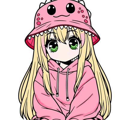 girl with anime shaped eyes with a dinosaur bucket hat oversized sweatshirt long straight hair