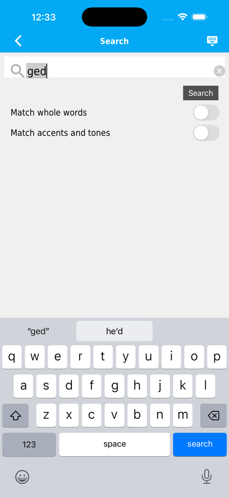 PA-German Dictionary - Interface de recherche de l'application Dictionnaire PA-Allemand avec des options de correspondance partielle de mots