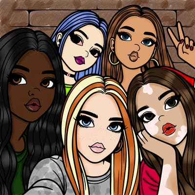 group of teen girls friends y2k up close in a selfie