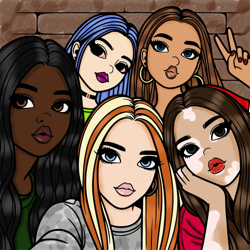 group of teen girls friends y2k up close in a selfie