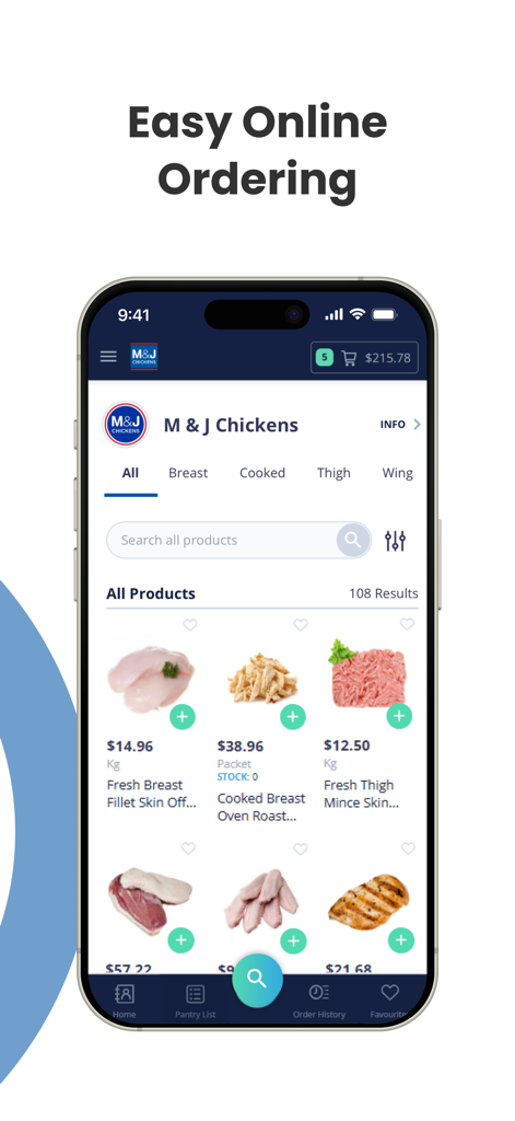 M&J Chickens - Mobile app interface for M&J Chickens wholesale poultry ordering showing product catalog and pricing.