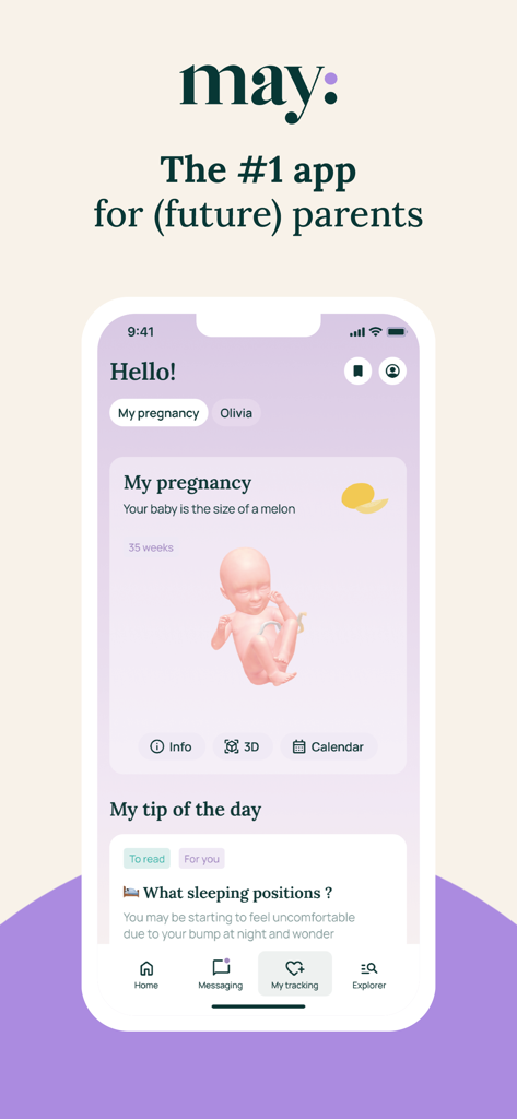 May – Baby, parents - Mayアプリのホーム画面、3Dの赤ちゃんモデルと毎日のヒントが表示された妊娠トラッカー