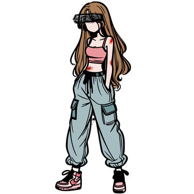 girl in baggy pants crop top and long hair