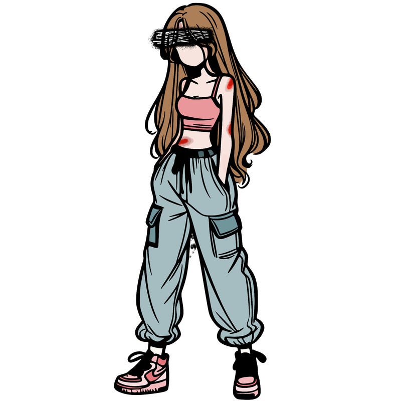 girl in baggy pants crop top and long hair