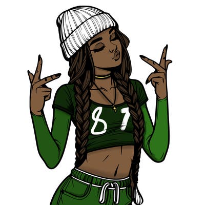 realistic teenage girl with braids and a beanie and crop top doing 🫶🏼