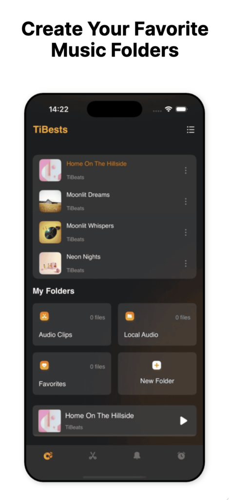 TiBeats: Music Player Offline - Interfaz de la aplicación del reproductor de música de TiBeats para organizar archivos de música en carpetas personalizadas.