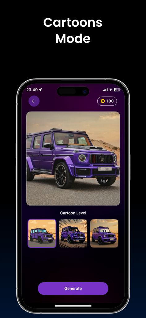 Car AI: Modification Editor - A purple SUV shown in the Cartoons Mode of the Car AI Modification Editor app with different artistic filter options