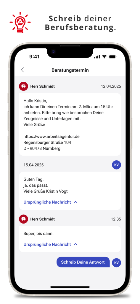 AzubiWelt - Mobile messaging interface in the AzubiWelt app for scheduling a vocational counseling appointment