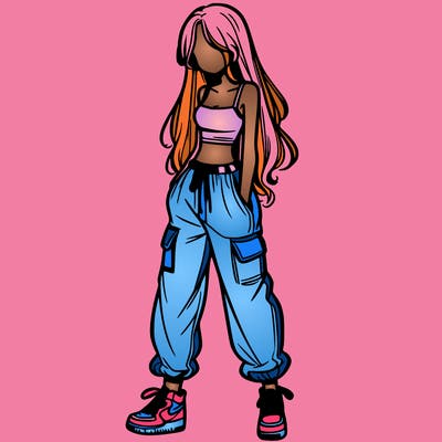 girl in baggy pants crop top and long hair