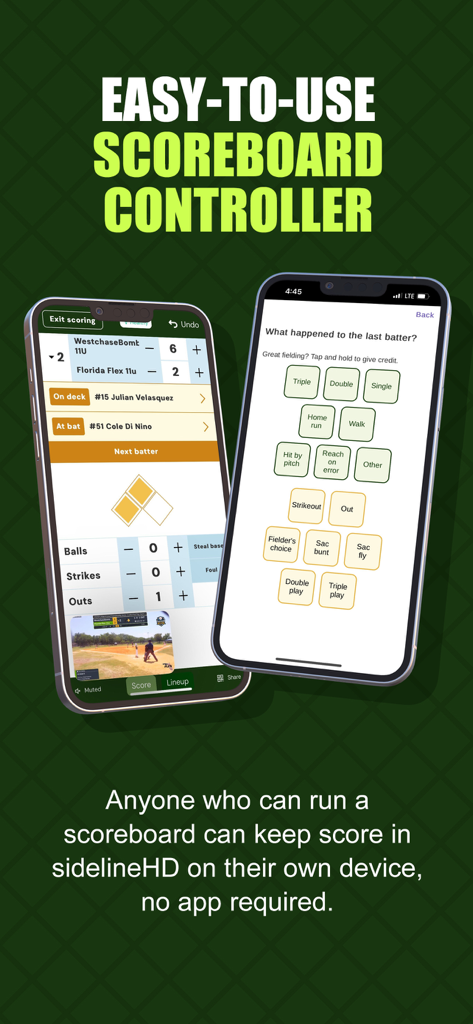 Interfaccia dell'app mobile sidelineHD che mostra il controller del tabellone segnapunti per le partite di baseball giovanili.