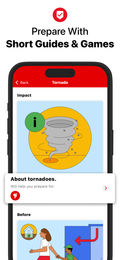 Emergency: Severe Weather App - American Red Cross Emergency app showing tornado safety and preparedness guides.