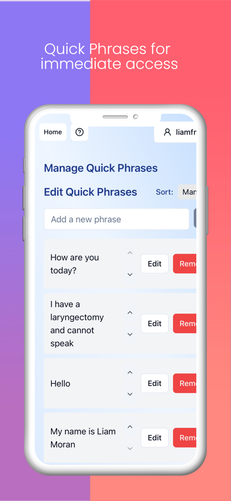 TapToTalk - TapToTalk app interface for editing and managing custom quick phrases for speech assistance