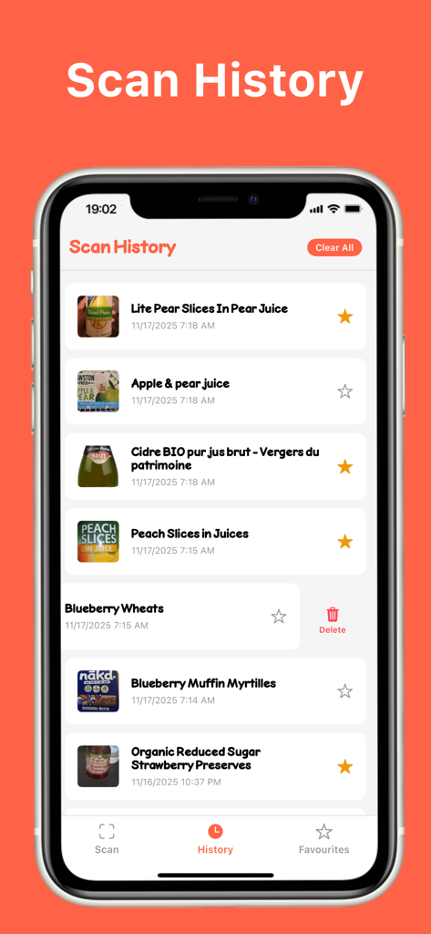 Nutri-Scan - Pantalla de historial de escaneos de la aplicación Nutri-Scan que muestra una lista de productos alimenticios escaneados previamente con fechas y favoritos