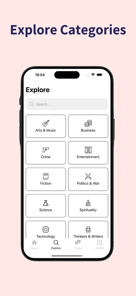 Histou: School of Greatness - The explore screen of the Histou app showing different historical and educational categories such as Business, Science, and Politics.