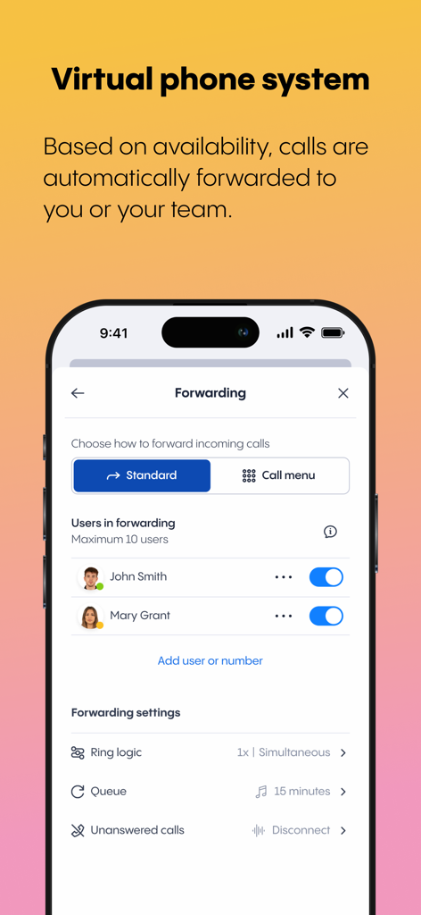 Rinkel - Rinkel app interface for managing virtual phone system call forwarding and team availability