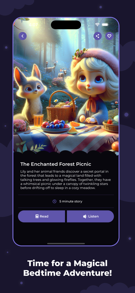 SnugStory: Bedtime Stories - SnugStory app screen displaying a magical forest picnic story with read and listen buttons.