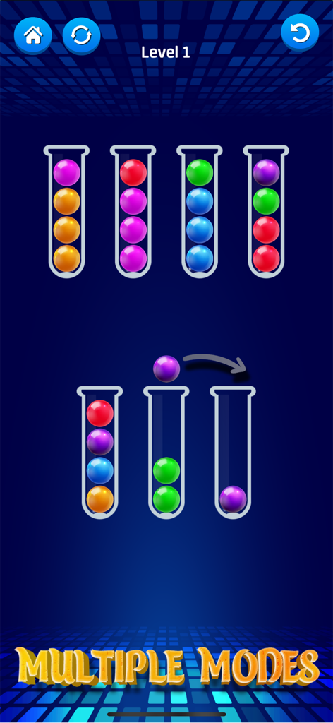 Ball Puzzle: Sort Color Balls - Captura de pantalla del juego Ball Puzzle mostrando bolas de colores en tubos de vidrio con texto de múltiples modos de juego