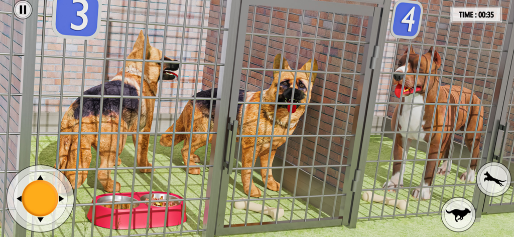 Pet Dog Rescue Shelter Games - Dogs inside metal cages at an animal rescue shelter in a simulation game