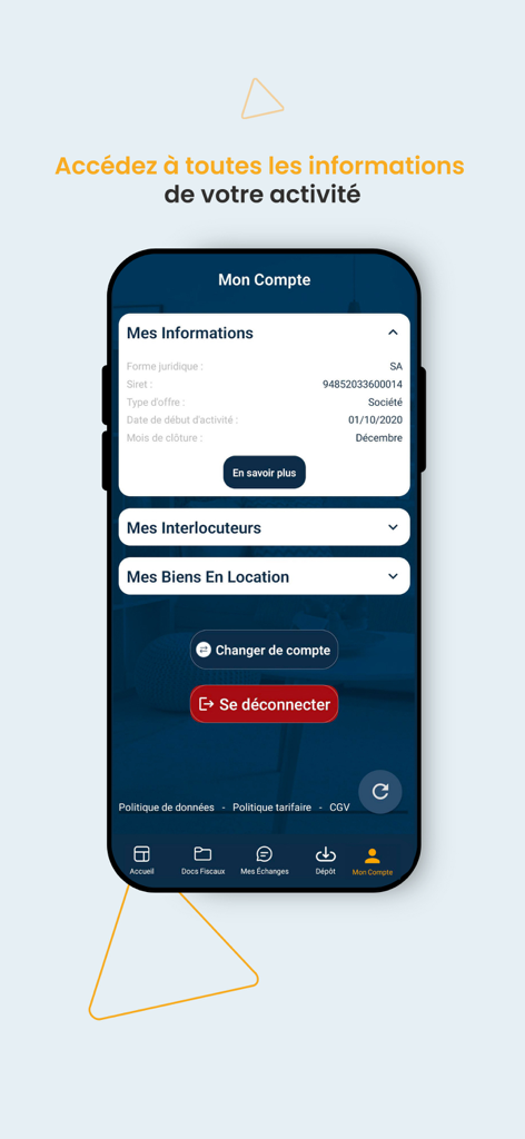 Interfaz de la aplicación Amarris Immo Expert que muestra información de la cuenta del usuario y de la propiedad de alquiler.