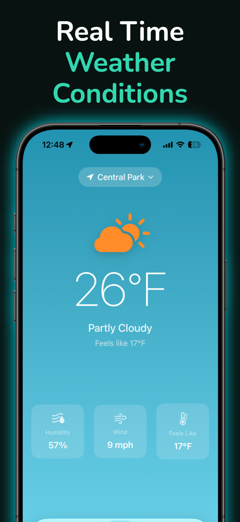 Screenshot of Location Changer app showing real-time weather conditions for a chosen location.