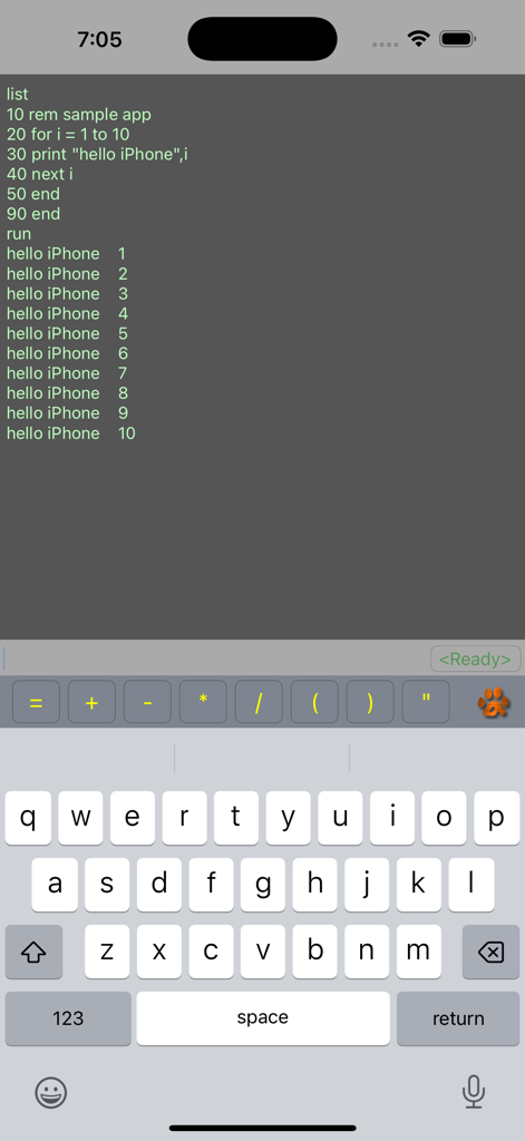 A BASIC programming environment on iPhone showing code execution and output.
