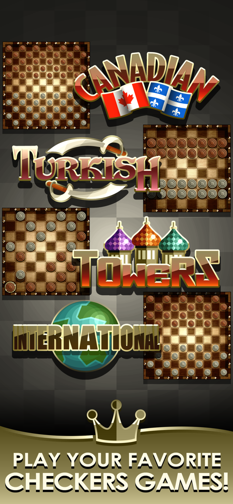 Una muestra de diferentes modos de juego de damas, incluyendo Torres Turcas Canadienses y versiones Internacionales