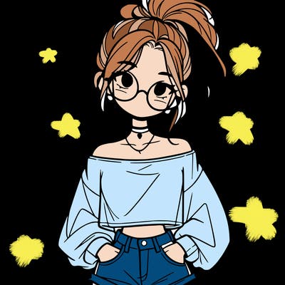 girl with a messy ponytail glasses a baggy crop top and jean shorts