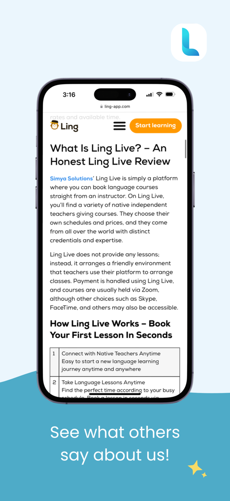 Ling Live 태국어 학습 플랫폼에 대한 리뷰 기사를 표시하는 스마트폰