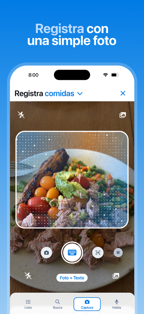 Pulso AI app interface showing how to register a meal by taking a photo of food