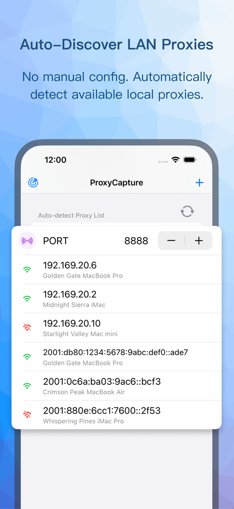 Proxy Capture - Interface of Proxy Capture app displaying a list of auto-discovered local network proxies for developer debugging