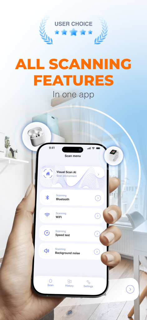 A hand holding a smartphone showing the main scanning menu of the Device Detector and Wifi Scanner app with AI visual scan and network tools.