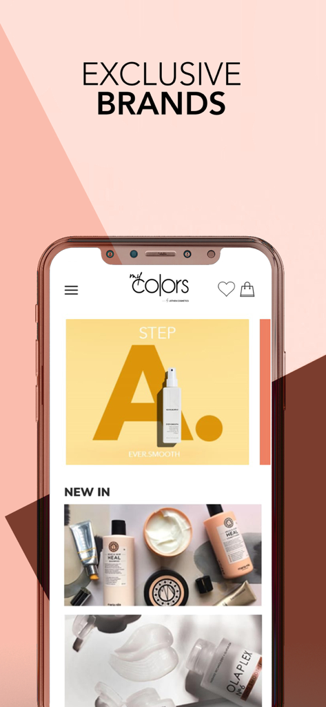 My Colors Mobile App-Oberfläche mit exklusiven professionellen Schönheitsmarken und Haarpflegeprodukten