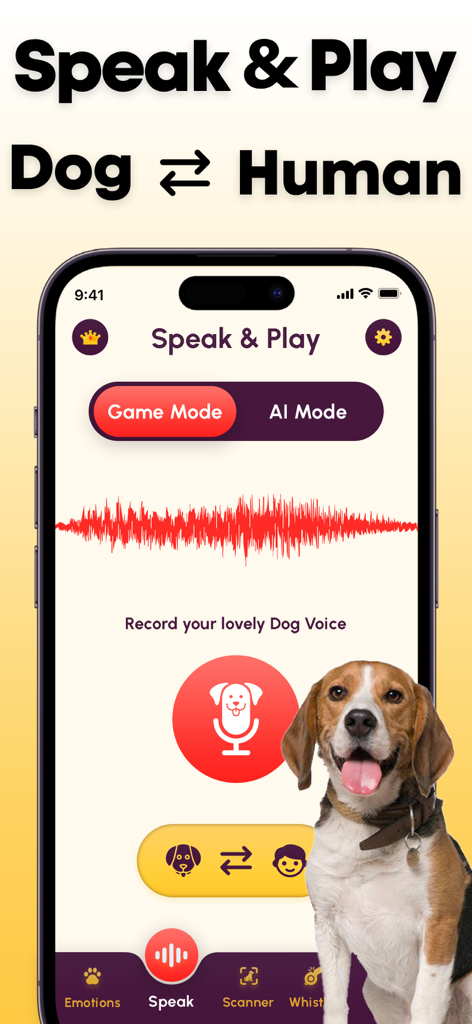 Dog Translator Game - Smartphone interface of Dog Translator Game app showing the speak and play mode with a recording waveform and a beagle dog