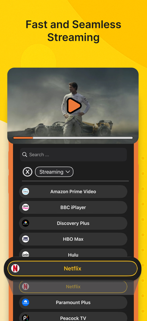 Best VPN app screenshot displaying a list of optimized streaming services including Netflix and HBO Max