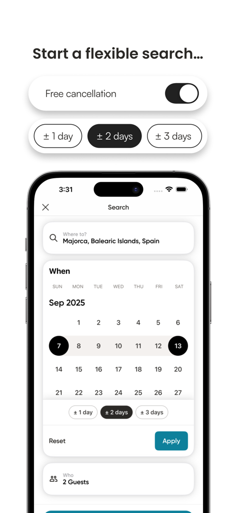 Holidu: Vacation Rentals - スペインのバケーションレンタルの柔軟な日付オプションと無料キャンセル切り替えを表示するHoliduアプリの検索画面