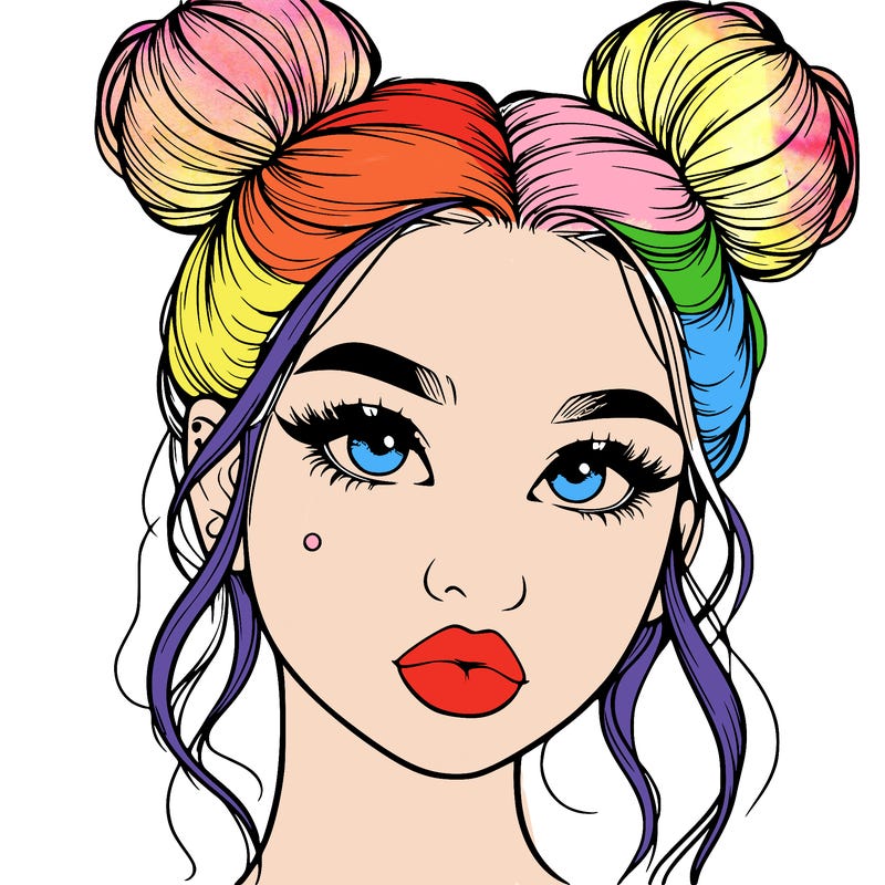 realistic girl with two buns on her hair and lips