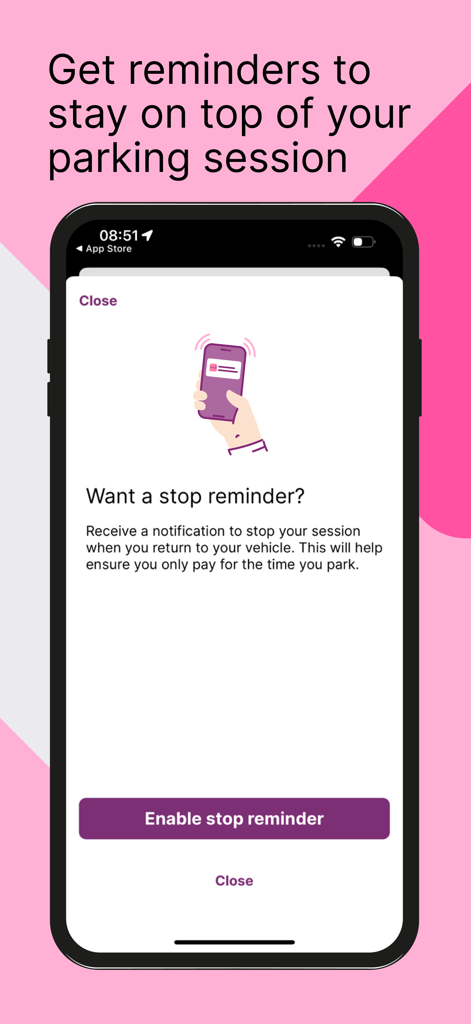 RingGo app screen for setting up parking session stop reminders