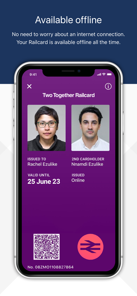 Railcard - Digital Two Together Railcard screen on a mobile phone showing offline availability