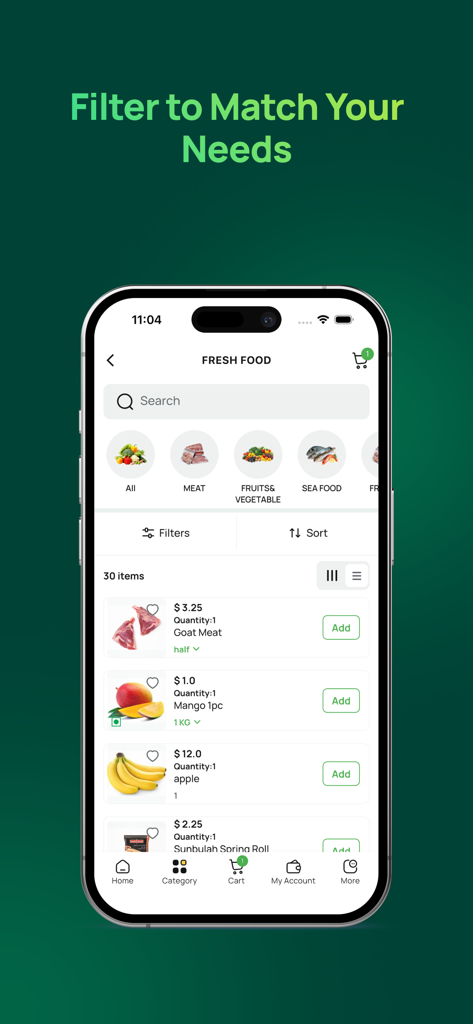 Barako - The Barako app fresh food category screen displaying grocery items and search filters.