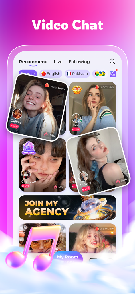 BoloUp-Live&Chat - Interface of the BoloUp app showing a grid of live video chat hosts and social discovery features.