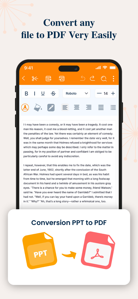 PPT Editor: Power Point Sheets - Interface of a mobile app showing the conversion of a PPT file into a PDF document
