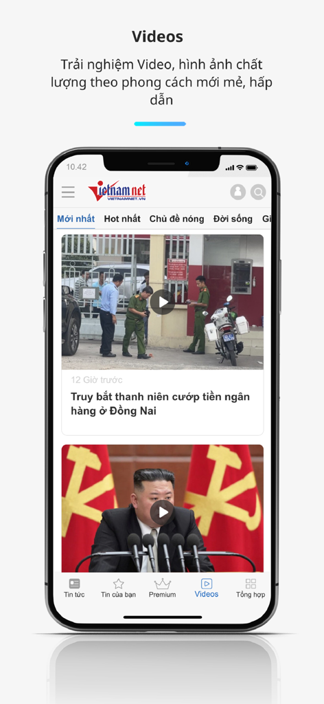 Aplicación móvil VietNamNet mostrando videos de noticias de alta calidad en vietnamita.
