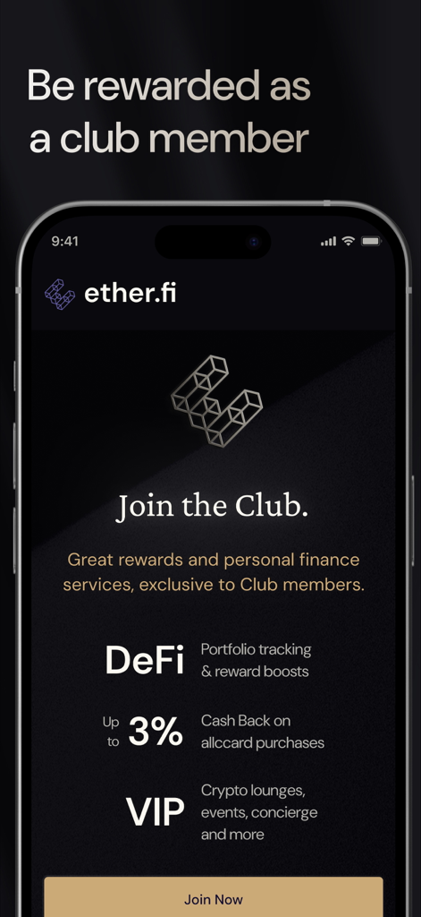 ether.fi - Ether.fi App-Oberfläche, die Club-Mitgliedschaftsvorteile anzeigt, einschließlich 3 Prozent Cashback und VIP-Services