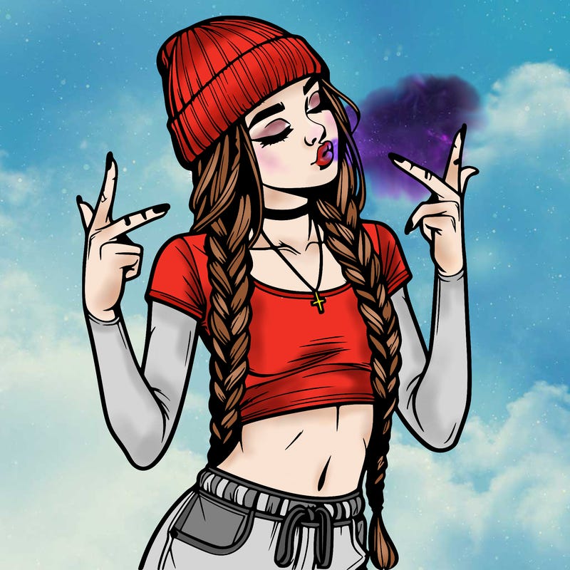 realistic teenage girl with braids and a beanie and crop top doing 🫶🏼