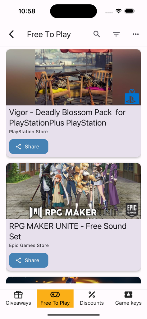 Freebie Game Deals Radar app interface showing free to play gaming content from PlayStation and Epic Games Store