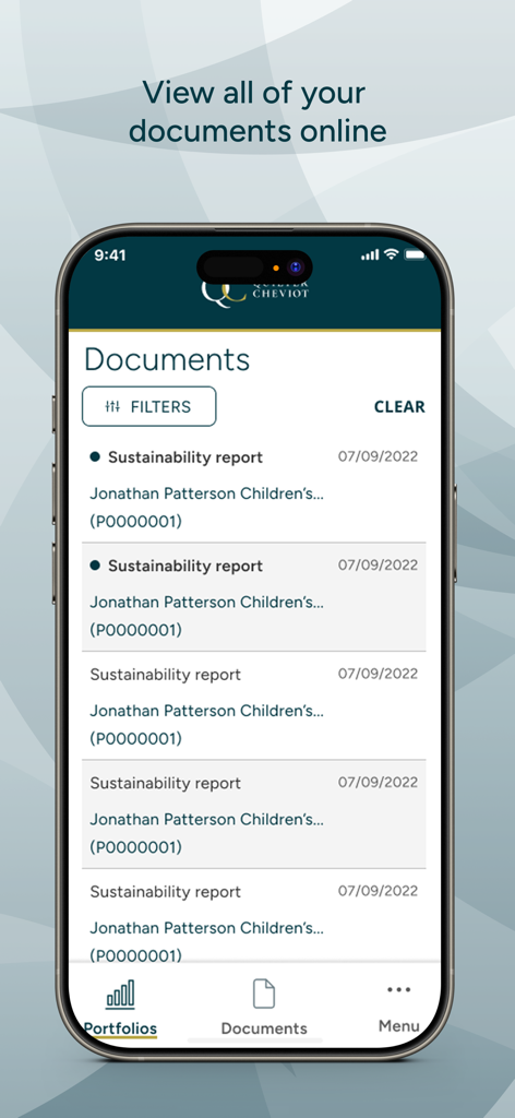 Quilter Cheviot - A mobile interface of the Quilter Cheviot app showing a list of sustainability reports and investment documents for online viewing.