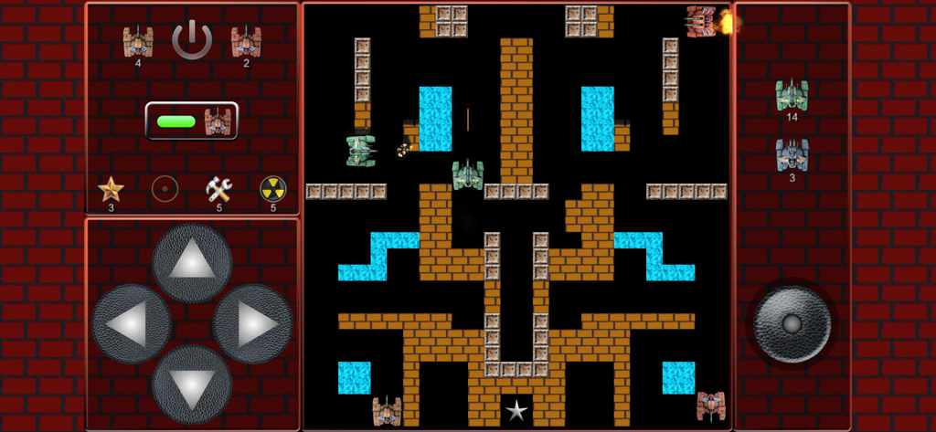 Gameplay-Screenshot von Super Tank Battle, der Retro-8-Bit-Panzer auf einer Labyrinth-ähnlichen Karte mit Bildschirmsteuerung zeigt
